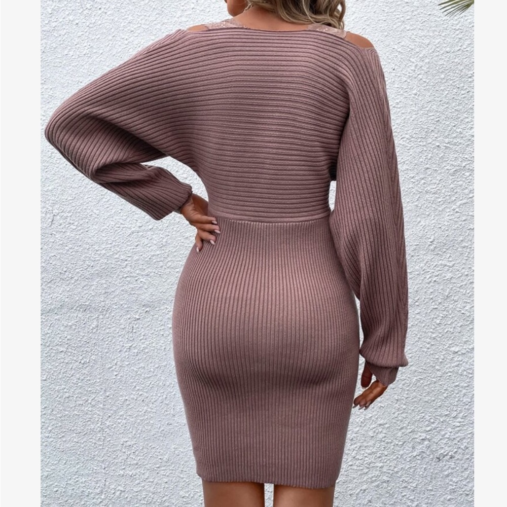 Elegant Contrast Lace Cold Off the Shoulder Dolman Sleeve Ribbed Sweater Dress - Picture 2 of 6